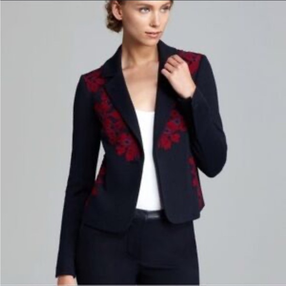 Tory Burch Lisanne Embroidered Floral Blazer Holiday Navy Blue Red Size S